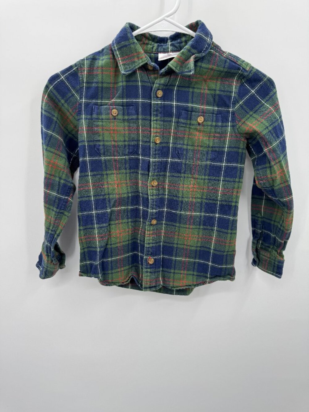 Hanna Andersson Kids Flannel Button Down Shirt Green Blue Plaid Size 120 (US 6-7
